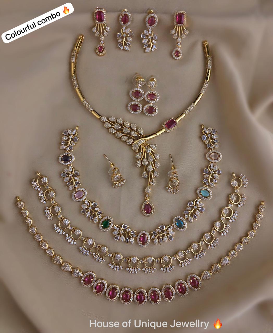 C-01 Gold Plated AD CZ Jewelry Set Combo | Matte Finish Bridal & Party Sets
