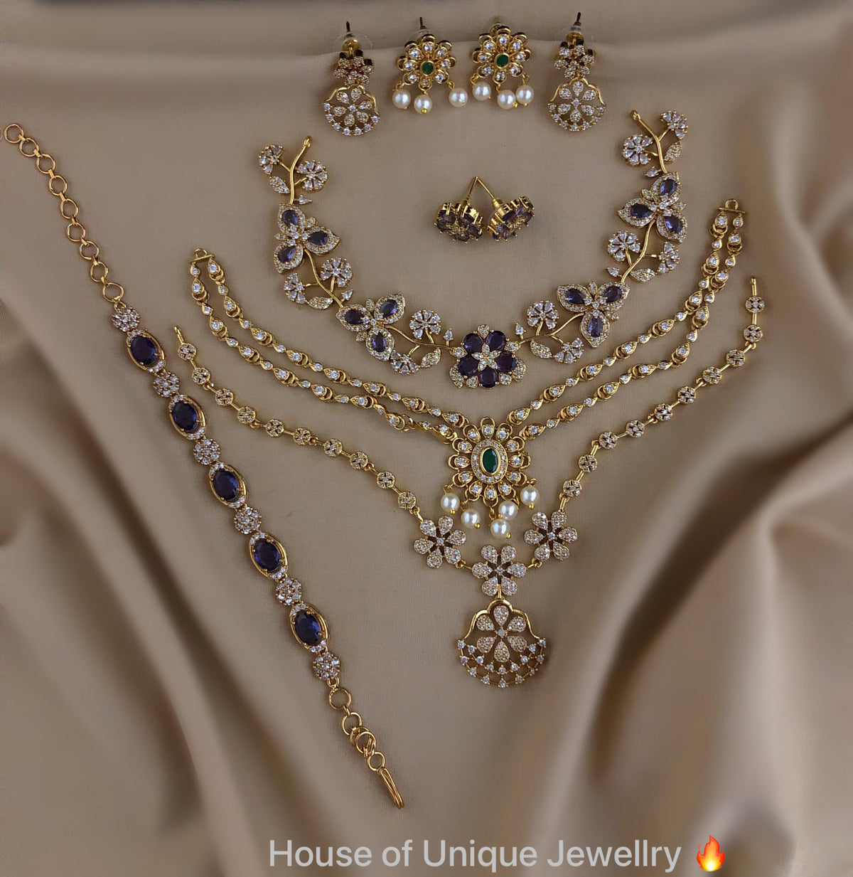 C-02 Gold Plated AD CZ Necklace & Bracelet Combo Set | Matte Finish Bridal Jewelry