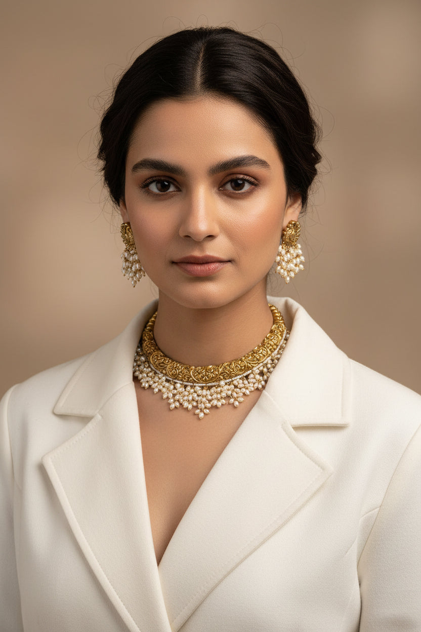 antique matt finish hasli set
gold plated hasli set
South Indian hasli set
pearl hasli necklace set
antique gold necklace set