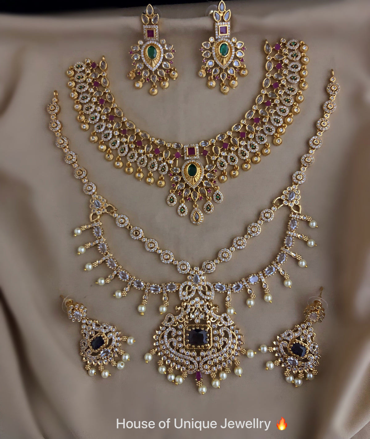 C-03 Gold Plated AD CZ Bridal Necklace Set | Double Layer Long Haram Combo