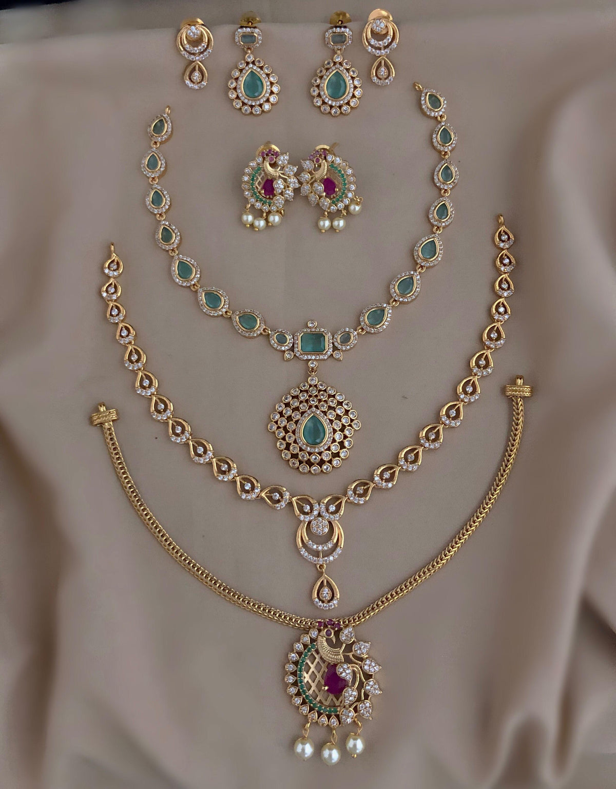 C-05 Gold Plated AD CZ 3 Statement Necklace Set Combo | Matte Finish