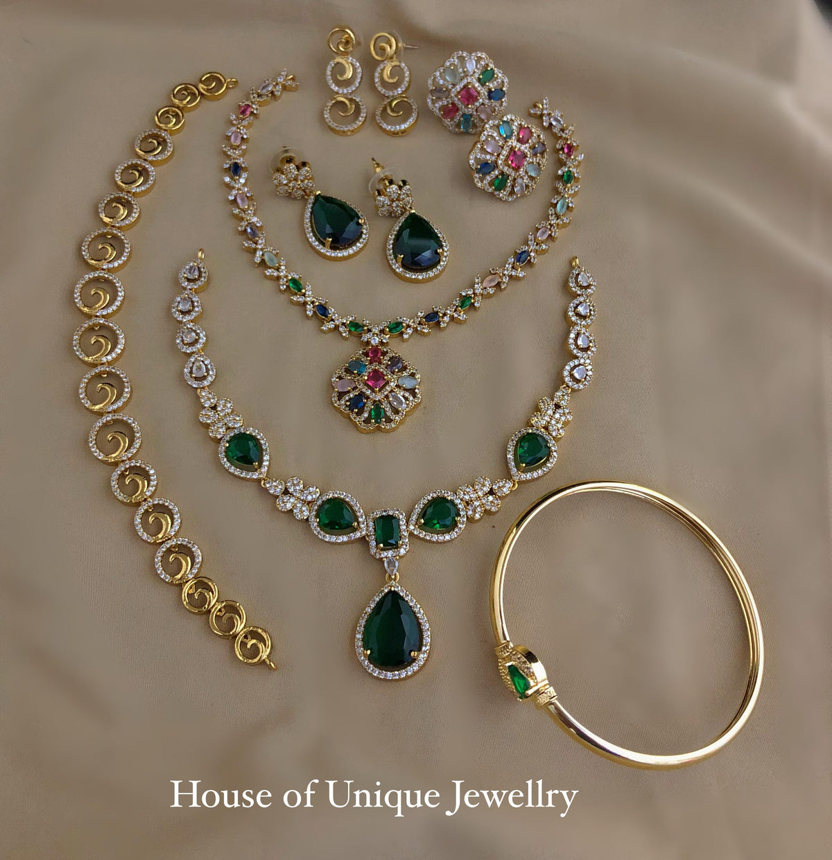 C-11 Gold Plated AD CZ 3 Necklace & Bracelet Combo | Matte Finish Jewelry