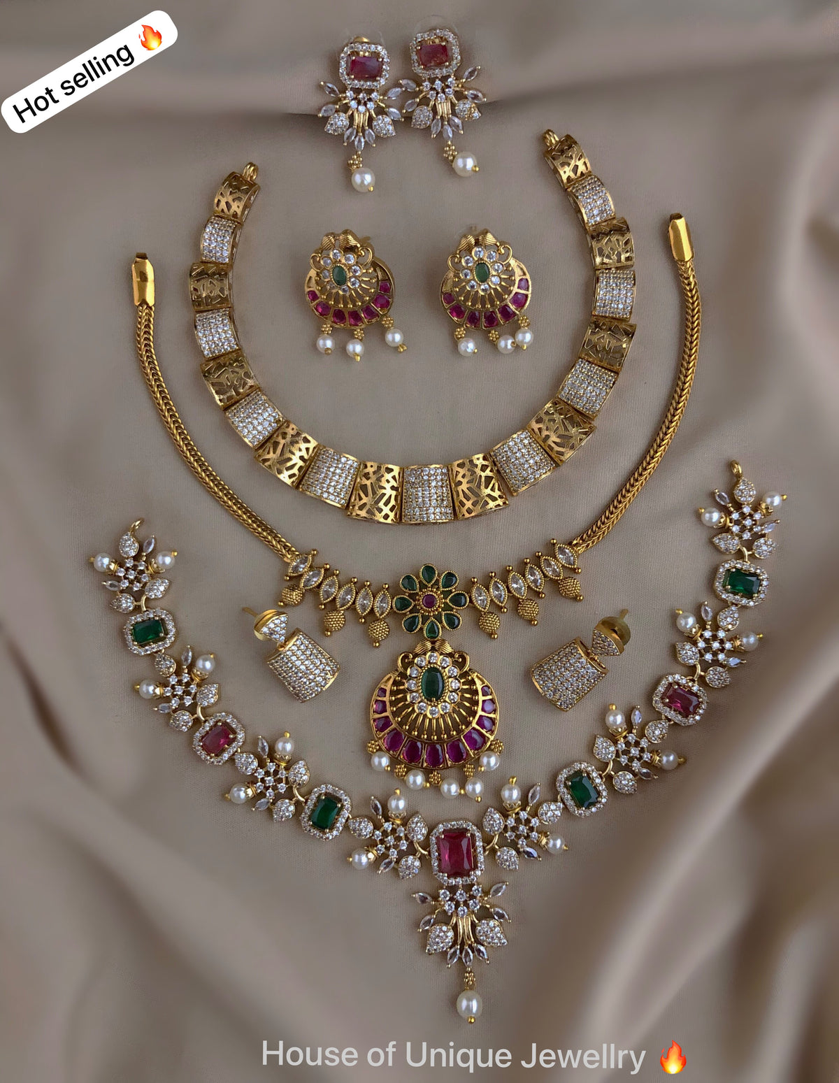 C-13: Gold Plated AD CZ 3 Statement Necklace Set Combo | Matte Finish