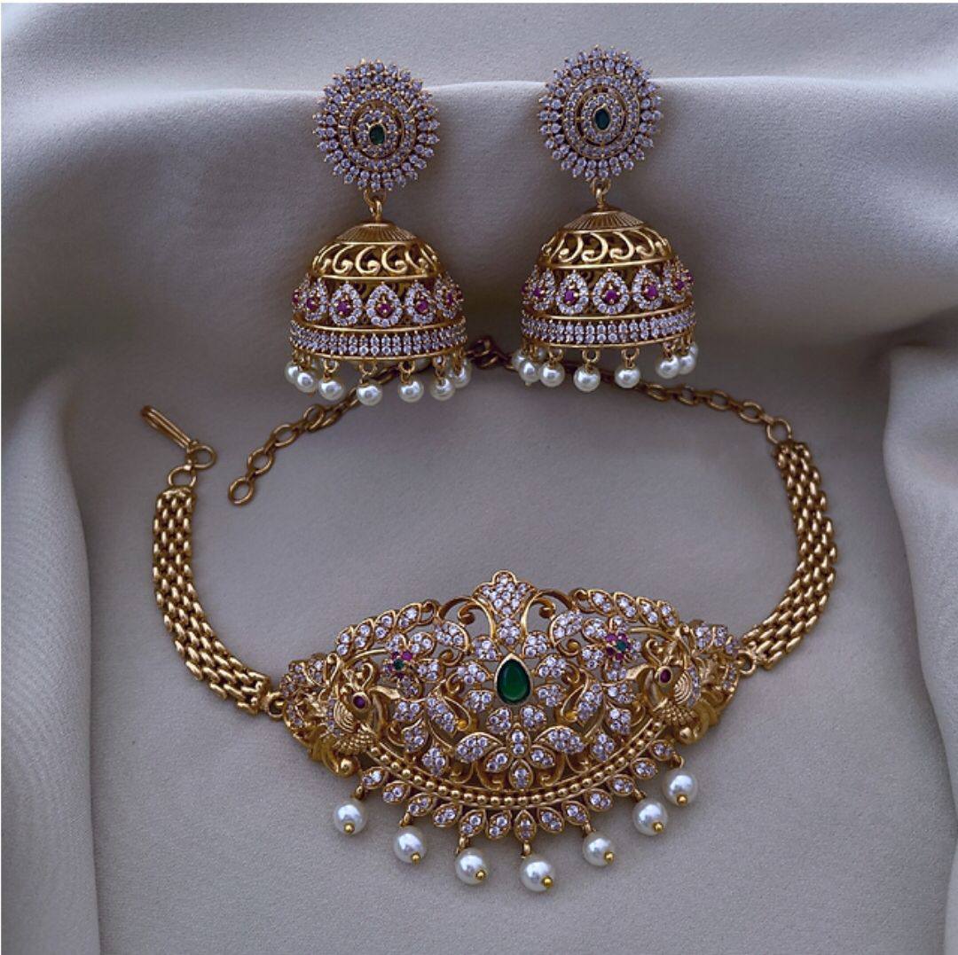 S-19: Mini Gold Plated Choker Set with AD & CZ Jhumki Earrings