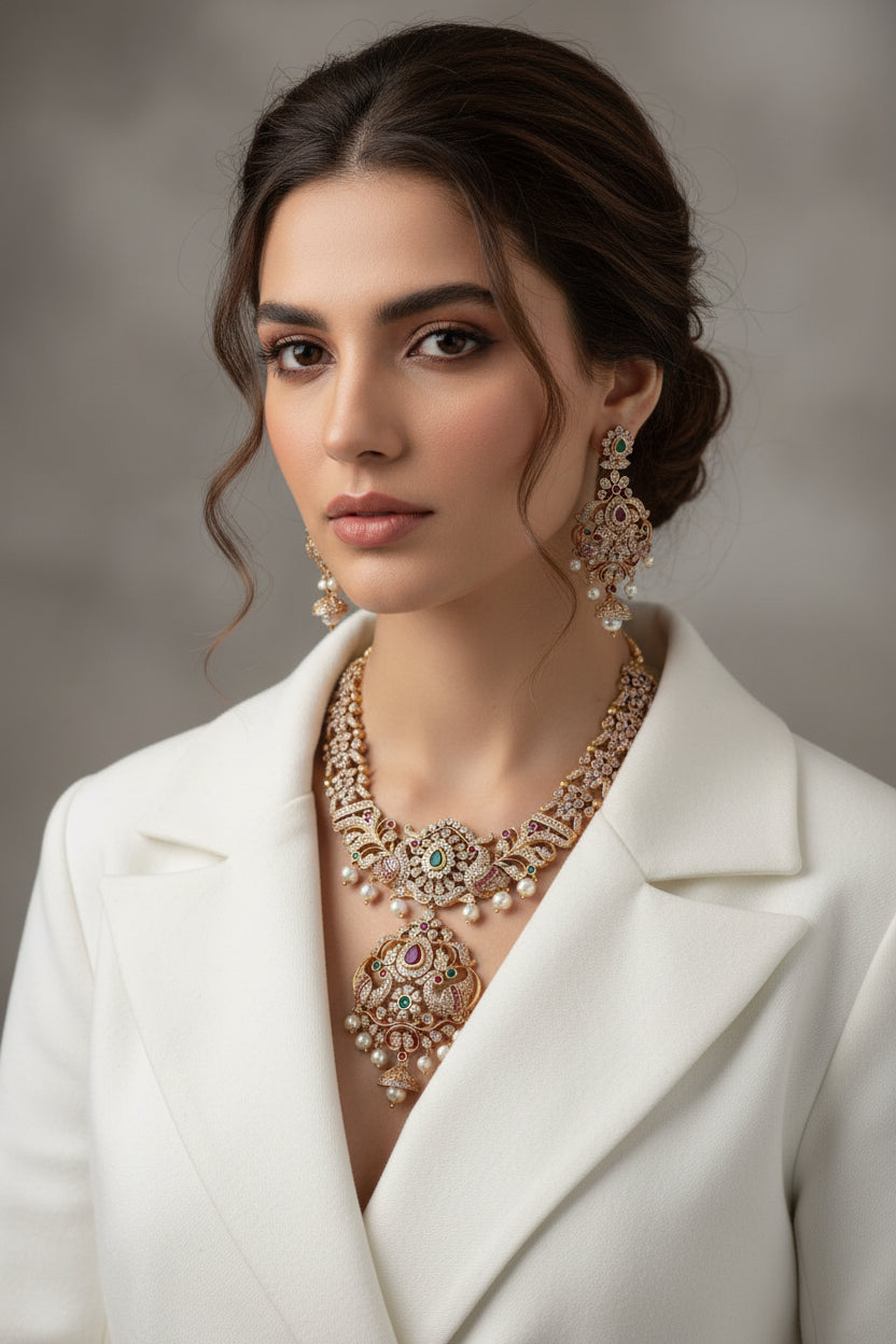 S-18: Traditional Peacock Motif Necklace Set with Jhumka | CZ & AD Gold Plated