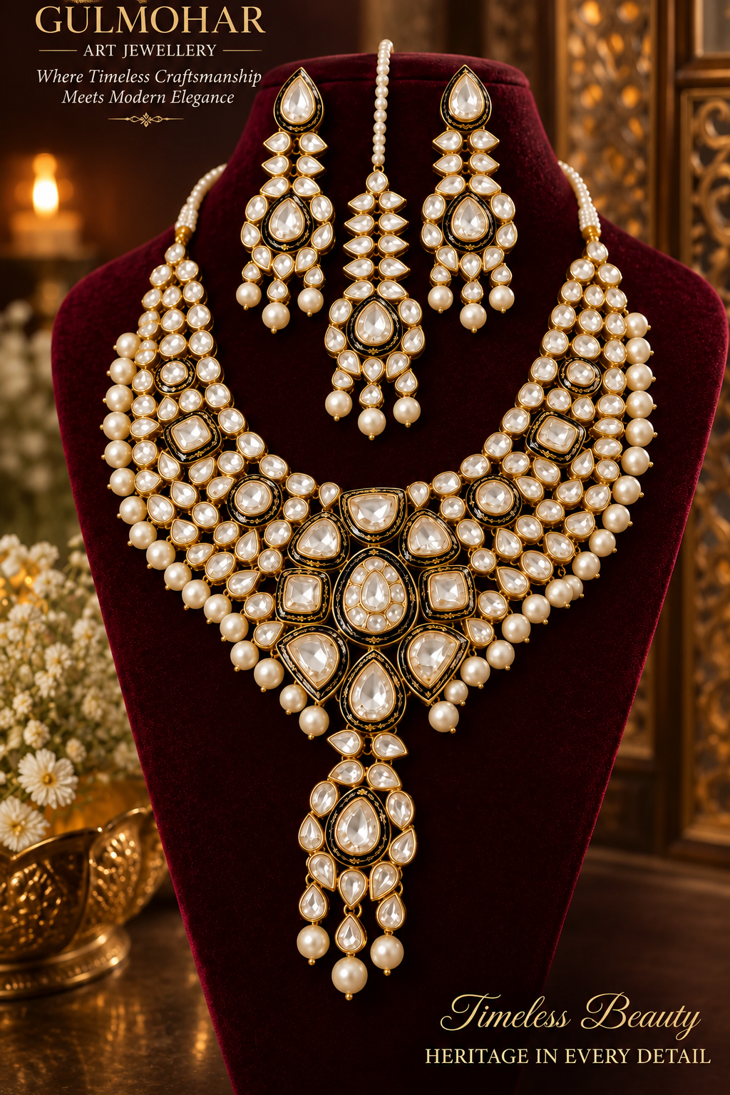 An ornate gold and pearl jewelry set displayed on a dark red velvet mannequin bust, featuring a large statement necklace, matching earrings, and a small pendant. The set is presented against a warm, blurred background with decorative flowers and gold-toned elements.