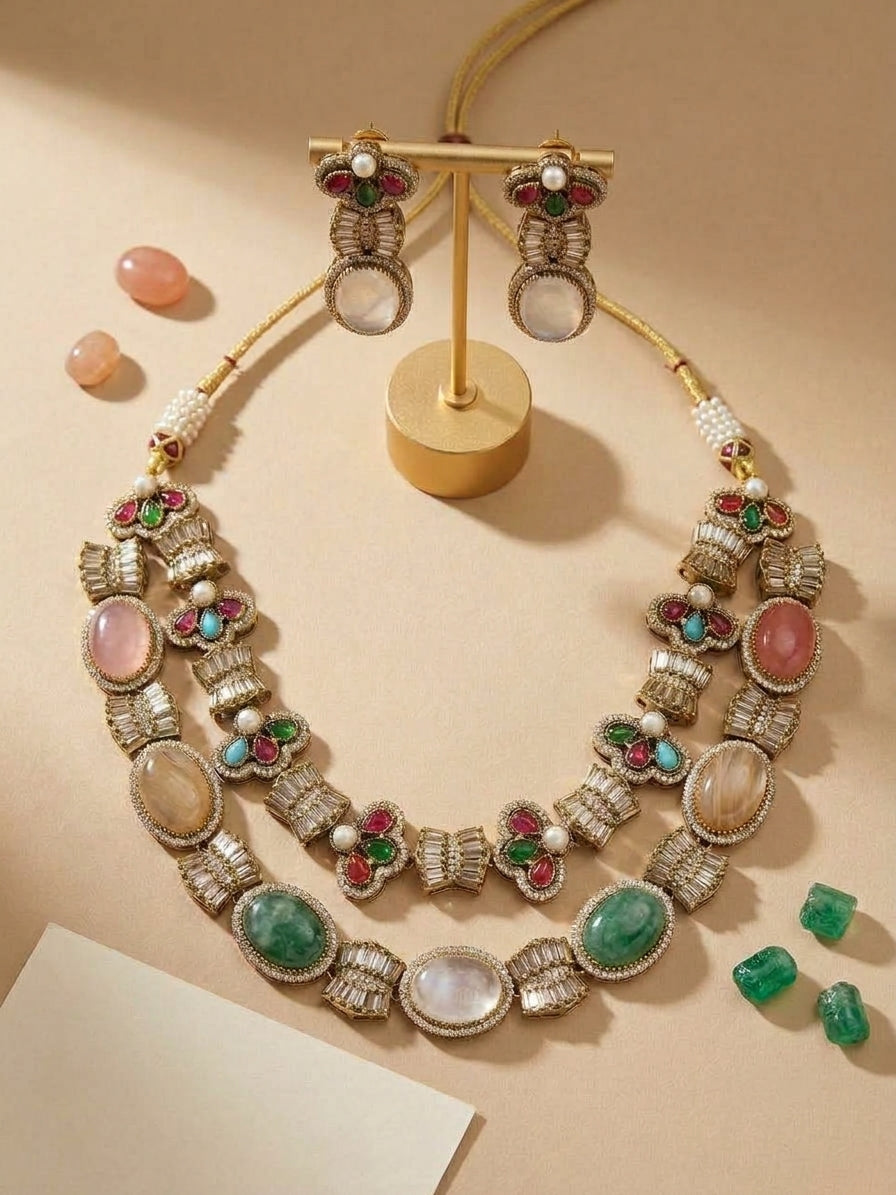 FU-04: Sabyasachi Style 2-Layer Multi-Gemstone Fusion Necklace Set