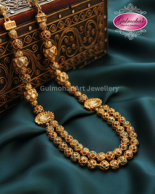 MM-04: Pakistani Multani Kundan Double Layer Ball Mala | Gold Plated