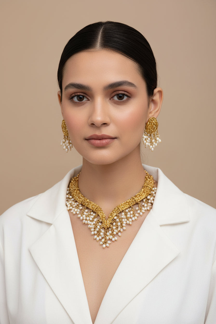 South Indian style jewellery
antique gold plated jewellery
matt finish necklace set
pearl beaded necklace
traditional Indian necklace set
party wear jewellery set
formal wear jewellery
ethnic jewellery for women
statement hasli necklace
traditional gold plated necklace
wedding jewellery set
festive jewellery for women