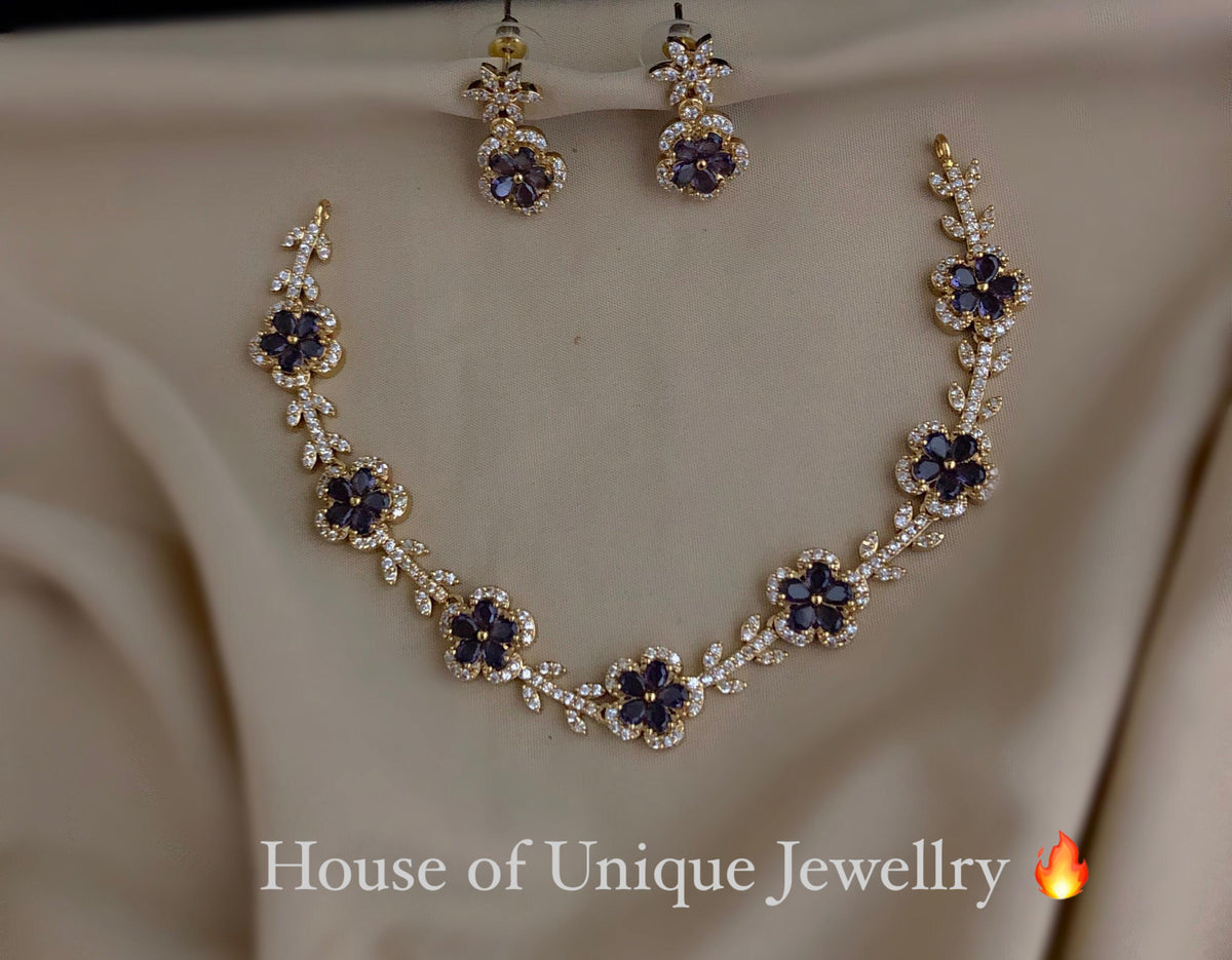 S-35: Gold Plated Floral AD Stone Necklace Set | Elegant Jewelry