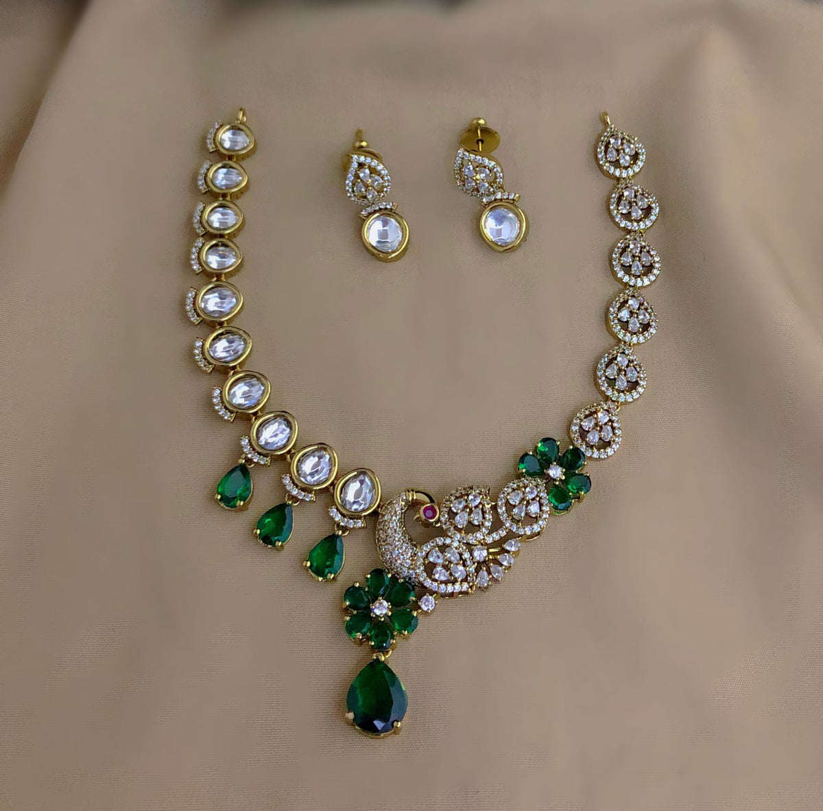 S-36: Gold Plated Peacock AD Kundan Necklace Set
