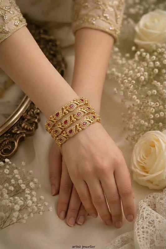BG-08 Ruby Leaf Bangles | CZ & Kemp 4-Piece South Indian Set