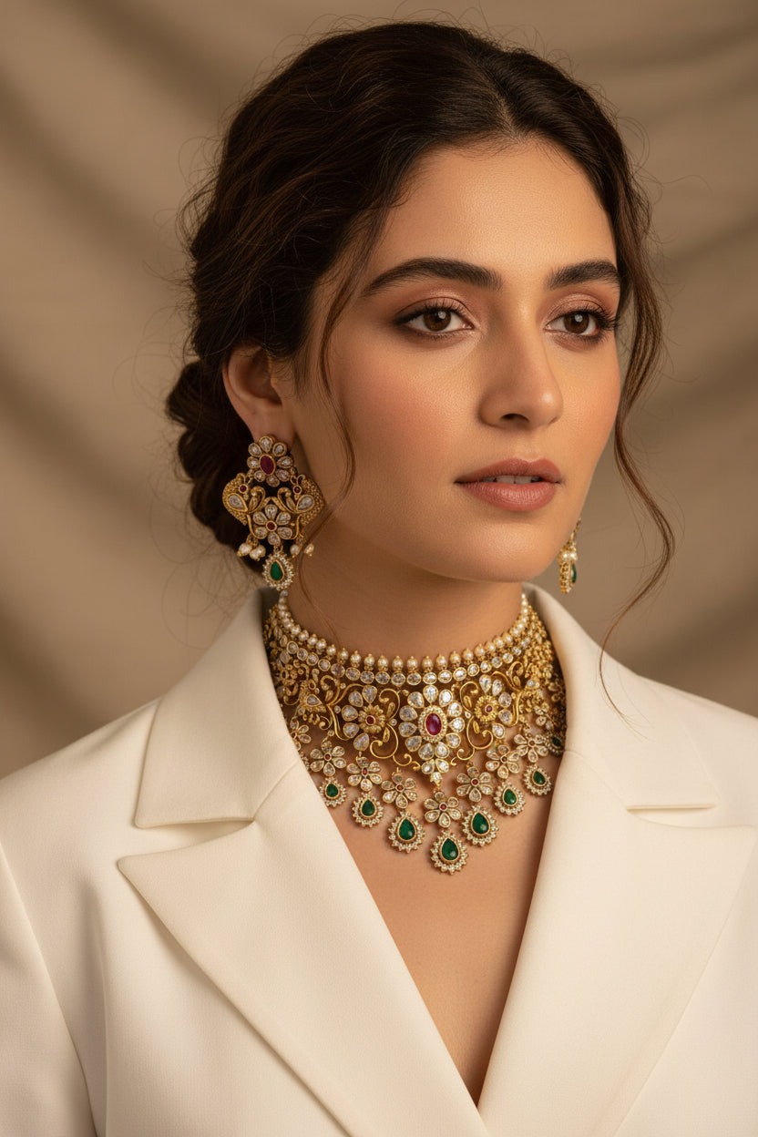 antique collar necklace set, gold plated necklace set, antique matt jewellery, AD stone necklace, CZ stone necklace set, premium jewellery, traditional gold plated jewellery, bridal collar set, party wear necklace set, designer necklace set, antique jewellery set, Indian Pakistani jewellery, statement necklace set, wedding jewellery