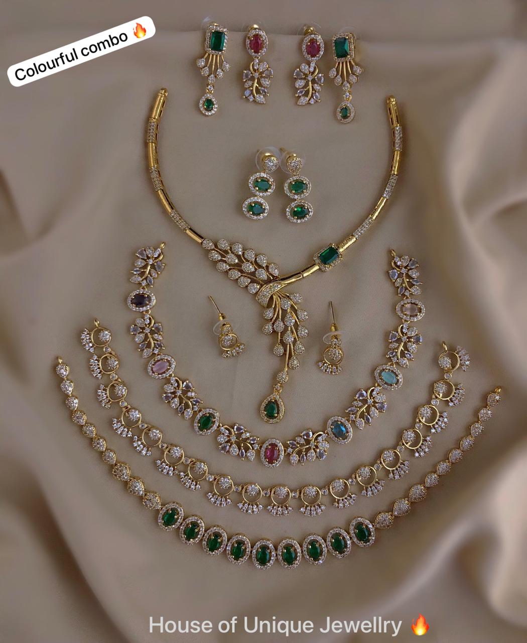 C-01 Gold Plated AD CZ Jewelry Set Combo | Matte Finish Bridal & Party Sets