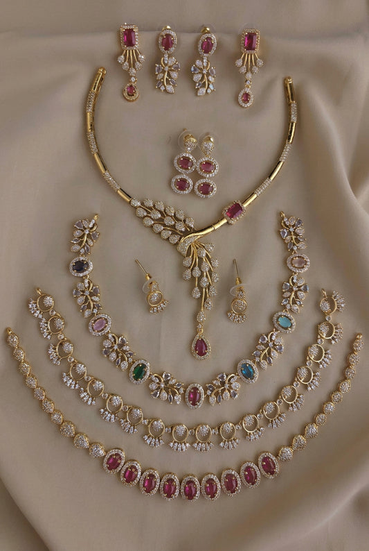 C-01 Gold Plated AD CZ Jewelry Set Combo | Matte Finish Bridal & Party Sets