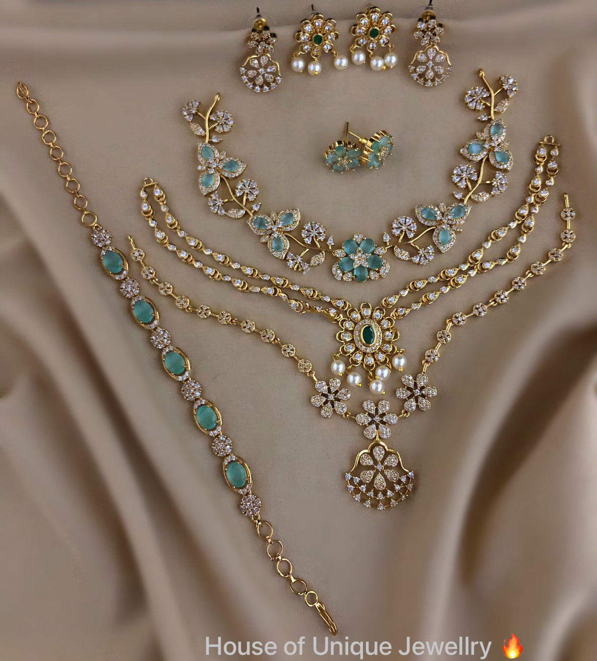 C-02 Gold Plated AD CZ Necklace & Bracelet Combo Set | Matte Finish Bridal Jewelry