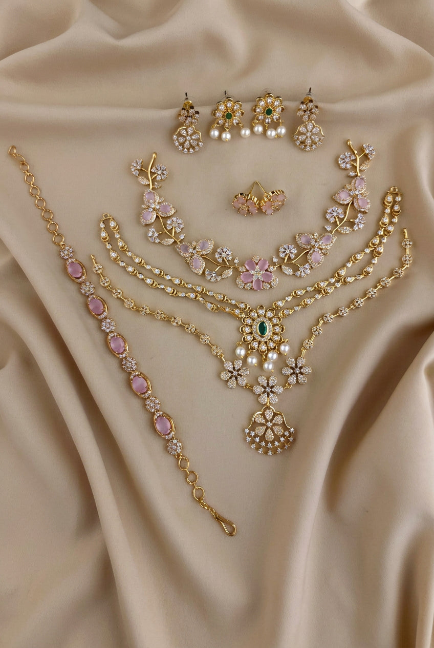 C-02 Gold Plated AD CZ Necklace & Bracelet Combo Set | Matte Finish Bridal Jewelry