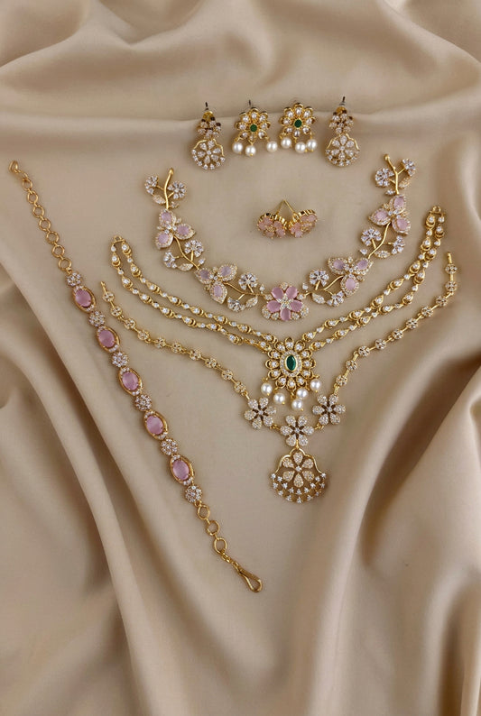 C-02 Gold Plated AD CZ Necklace & Bracelet Combo Set | Matte Finish Bridal Jewelry