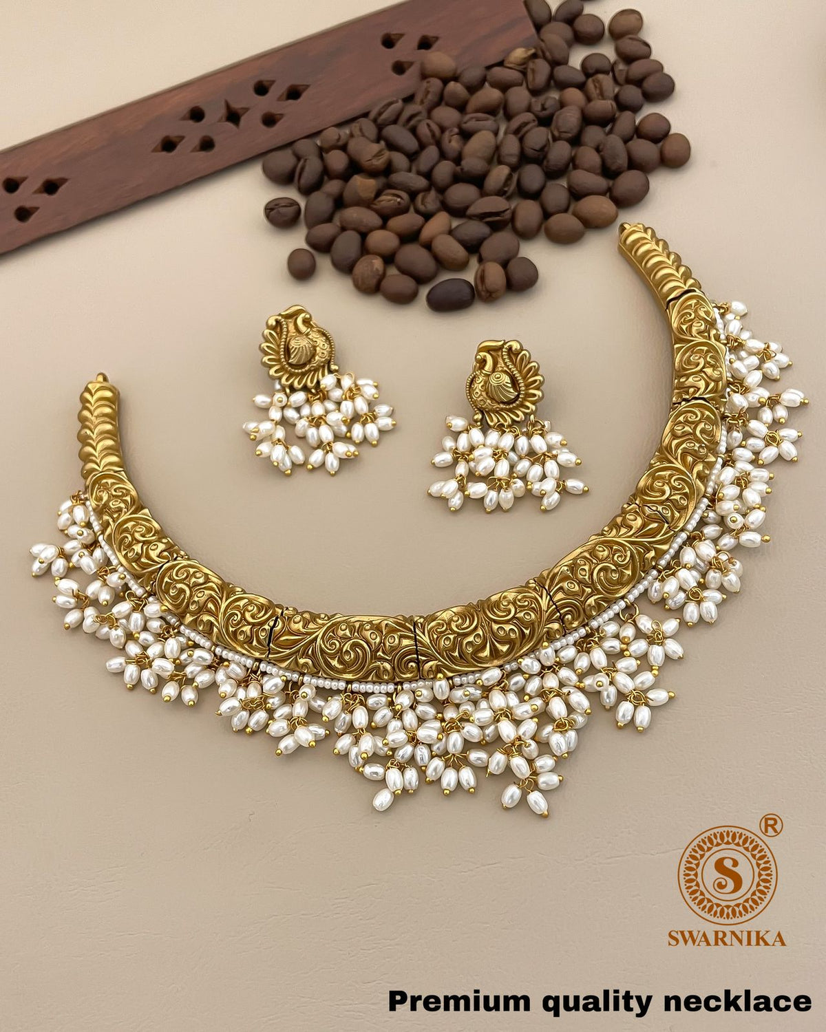 S-14: Antique Matt Finish Hasli Set with Pearls | Gold Plated