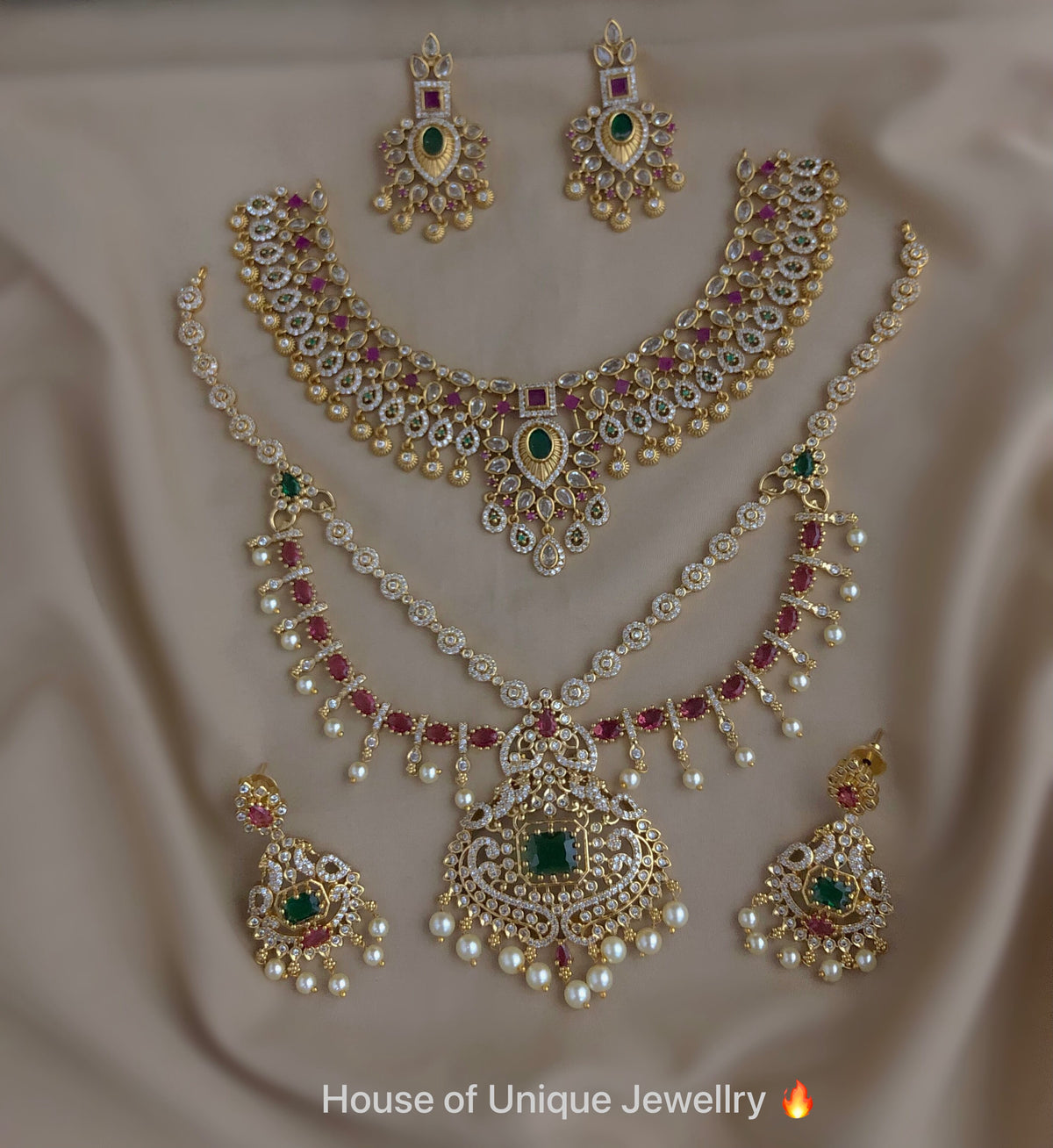 C-03 Gold Plated AD CZ Bridal Necklace Set | Double Layer Long Haram Combo