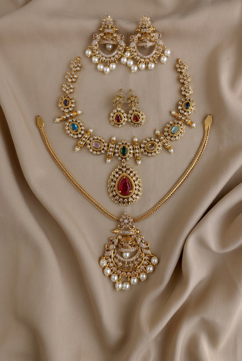 Multicolor Gold Plated AD CZ Short Necklace and Long Crescent Pendant Combo Set