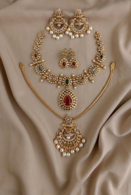 Multicolor Gold Plated AD CZ Short Necklace and Long Crescent Pendant Combo Set
