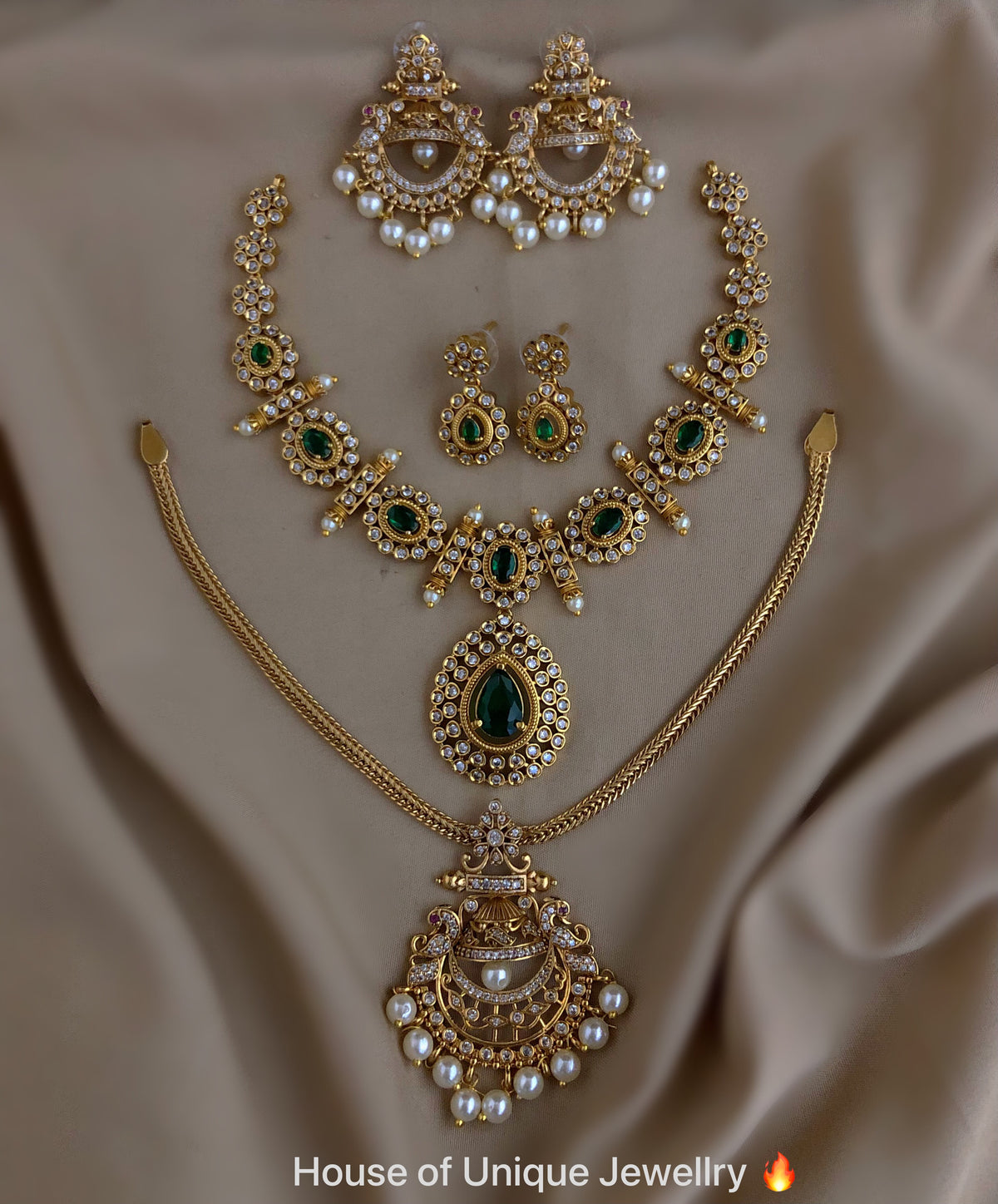 Emerald Green American Diamond Short Necklace and Long Chain Pendant Set Matte Finish