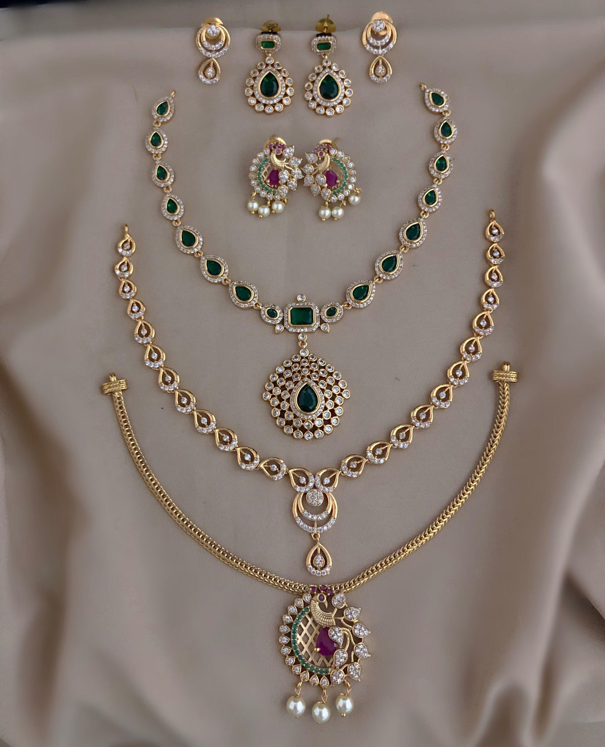 Emerald Green Gold Plated American Diamond 3 Statement Necklace Combo Set