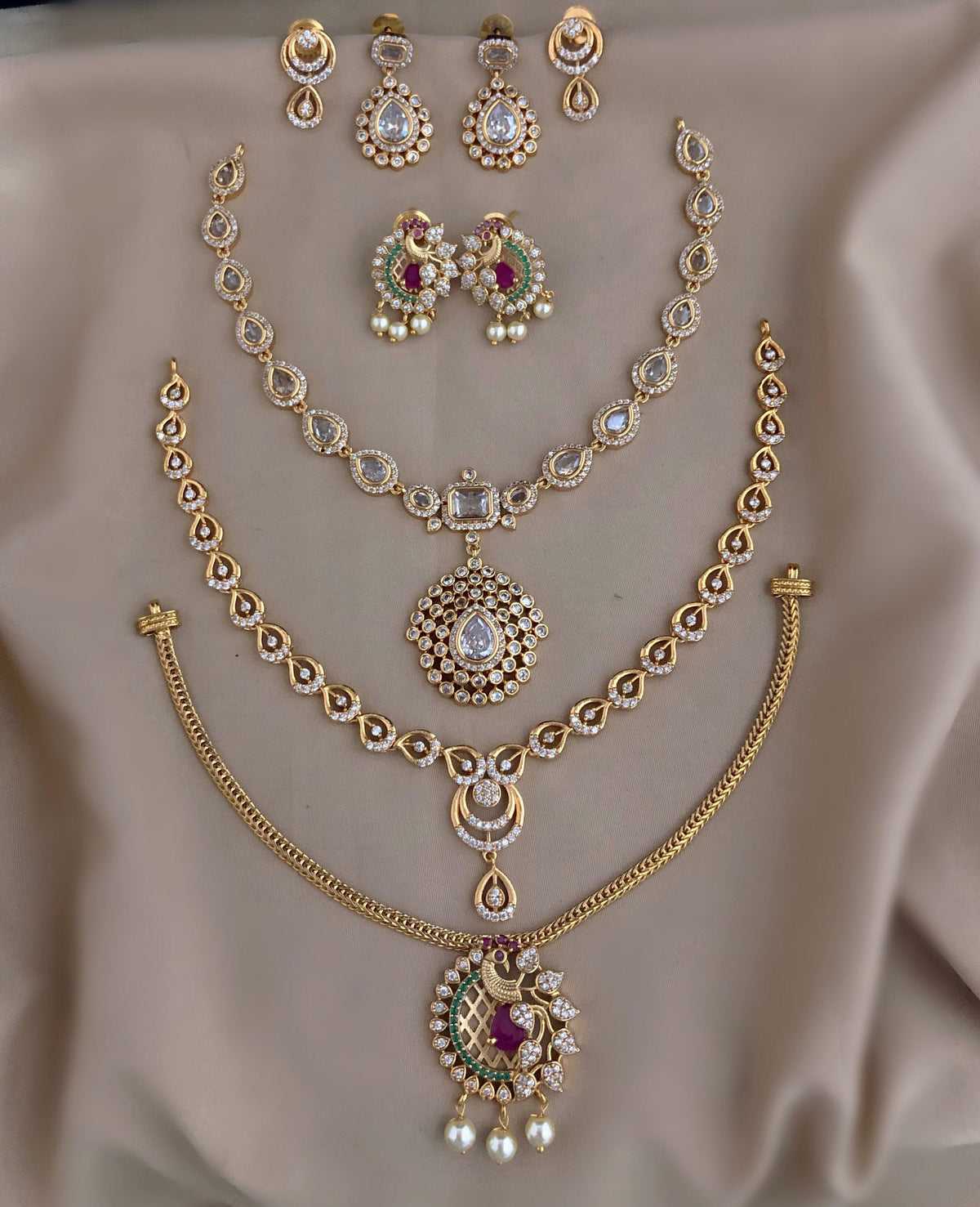 Clear White AD CZ 3 Statement Necklace Combo Set Gold Plated
