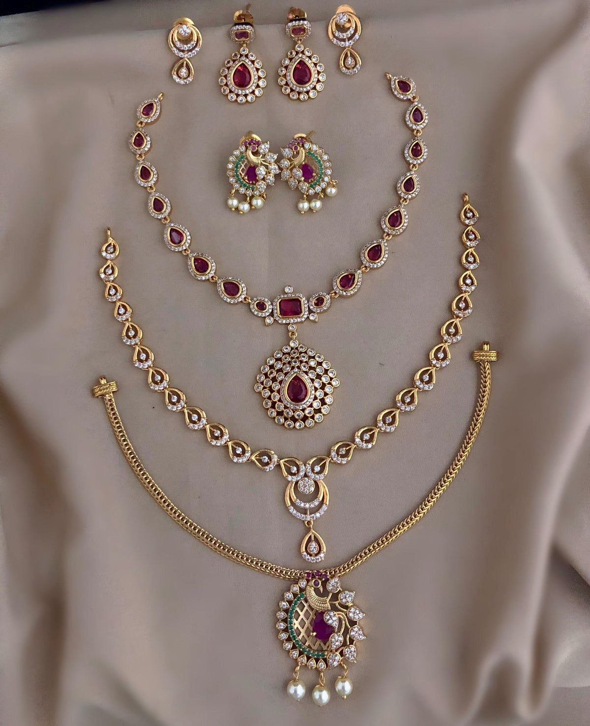 Ruby Red Gold Plated AD CZ 3 Statement Necklace Set with Peacock Long Pendant