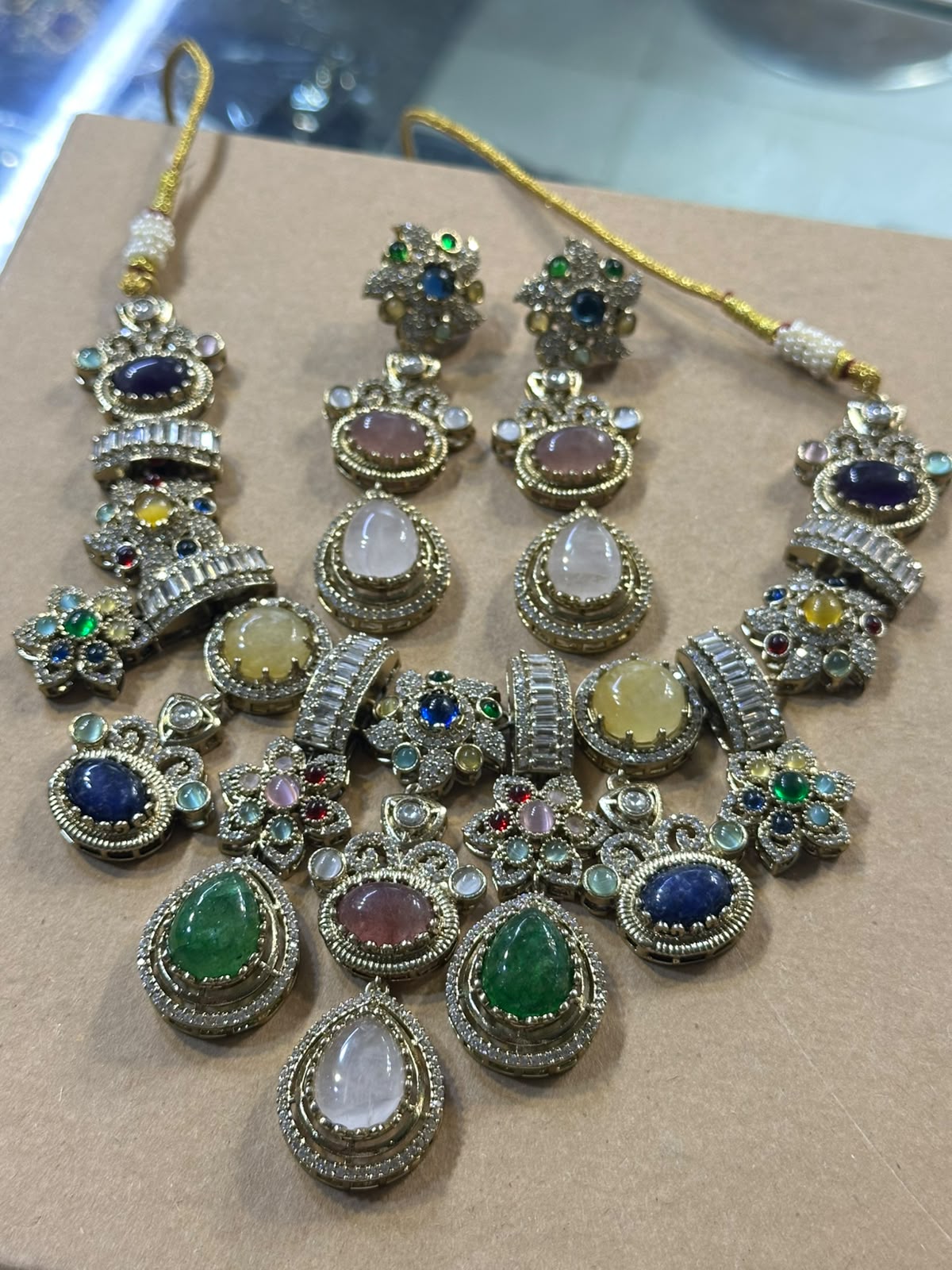 Sabyasachi inspired necklace set, Gold plated fusion jewelry, Multi gemstone necklace set, Designer bridal fusion set, Sabyasachi style statement earrings