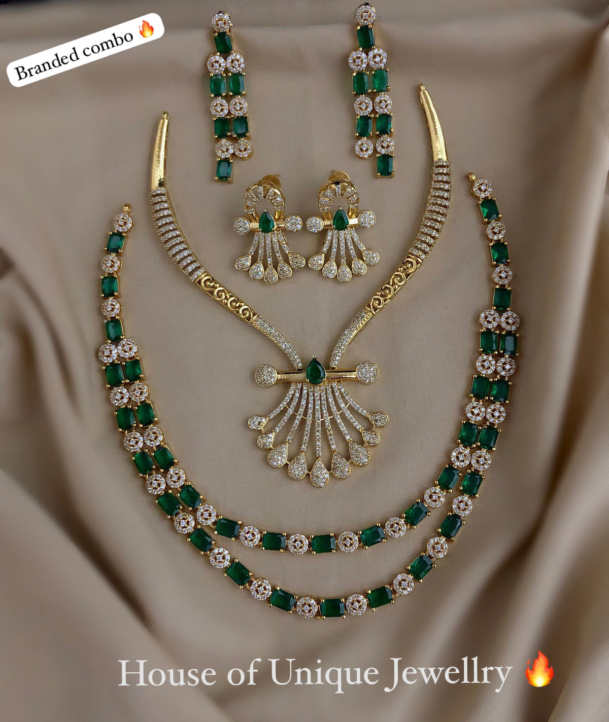 C-07 Gold Plated AD CZ Statement Necklace & 2-Layer Set Combo | Matte Finish