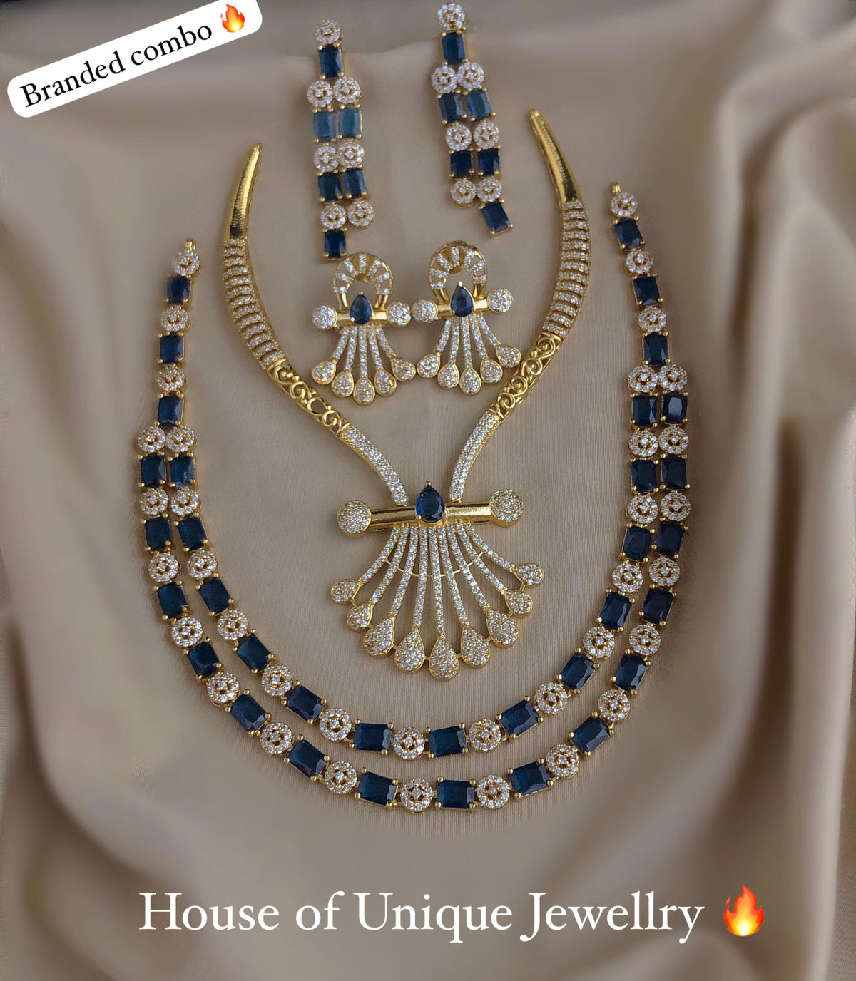 C-07 Gold Plated AD CZ Statement Necklace & 2-Layer Set Combo | Matte Finish