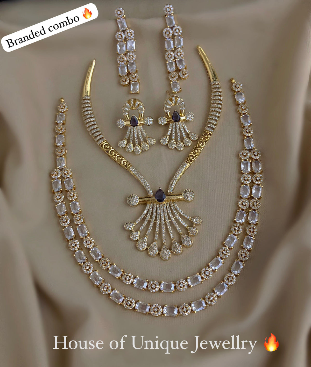 C-07 Gold Plated AD CZ Statement Necklace & 2-Layer Set Combo | Matte Finish