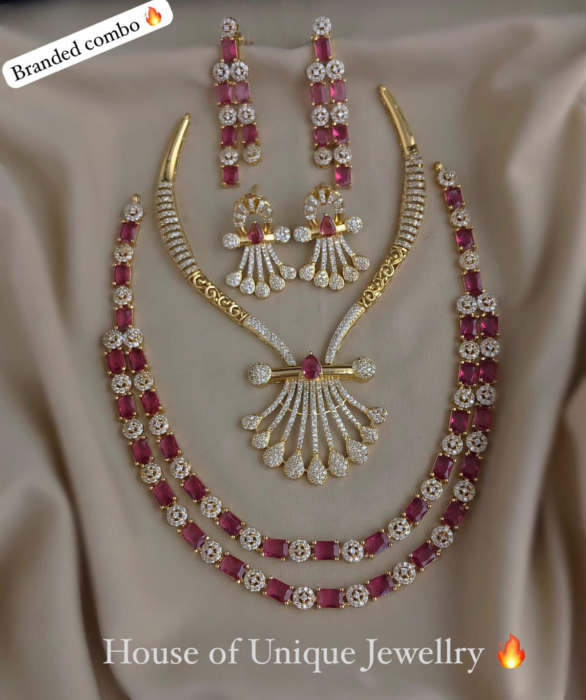 C-07 Gold Plated AD CZ Statement Necklace & 2-Layer Set Combo | Matte Finish