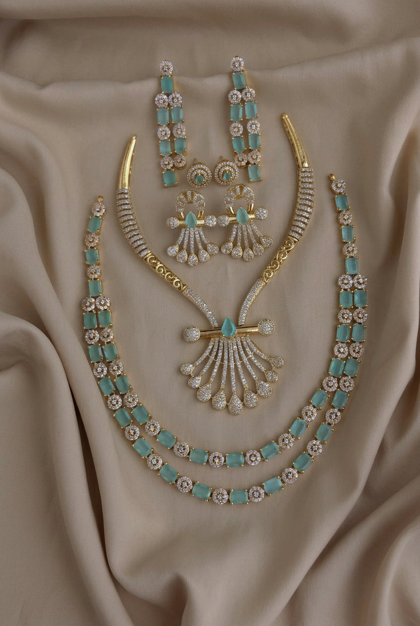 C-07 Gold Plated AD CZ Statement Necklace & 2-Layer Set Combo | Matte Finish