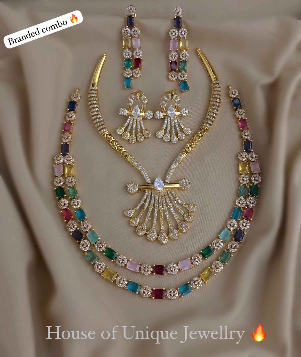 C-07 Gold Plated AD CZ Statement Necklace & 2-Layer Set Combo | Matte Finish