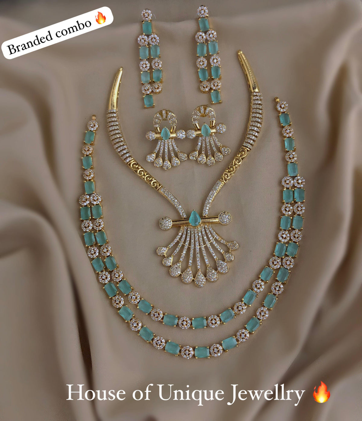 C-07 Gold Plated AD CZ Statement Necklace & 2-Layer Set Combo | Matte Finish