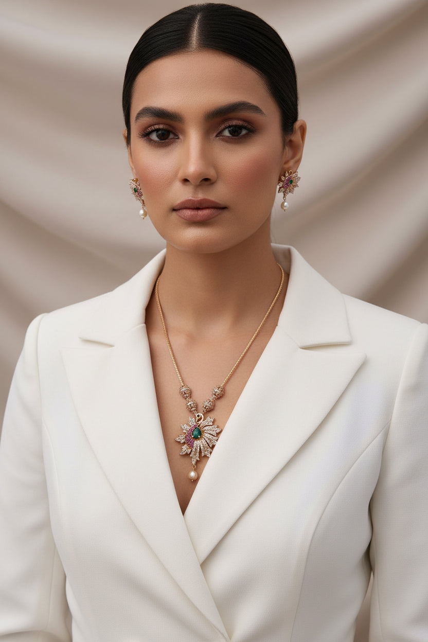 traditional peacock necklace
peacock jewellery set for women
South Indian jewellery set
gold plated pendant set
CZ stone jewellery
AD stone jewellery
peacock motif necklace
traditional Indian necklace set
wedding jewellery set
festive jewellery for women
party wear pendant set
ethnic jewellery set
South Indian wedding jewellery
traditional gold plated jewellery
statement pendant necklace
