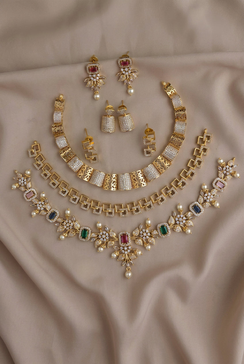 C-08: Gold Plated AD CZ 3 Statement Necklace Set Combo | Matte Finish