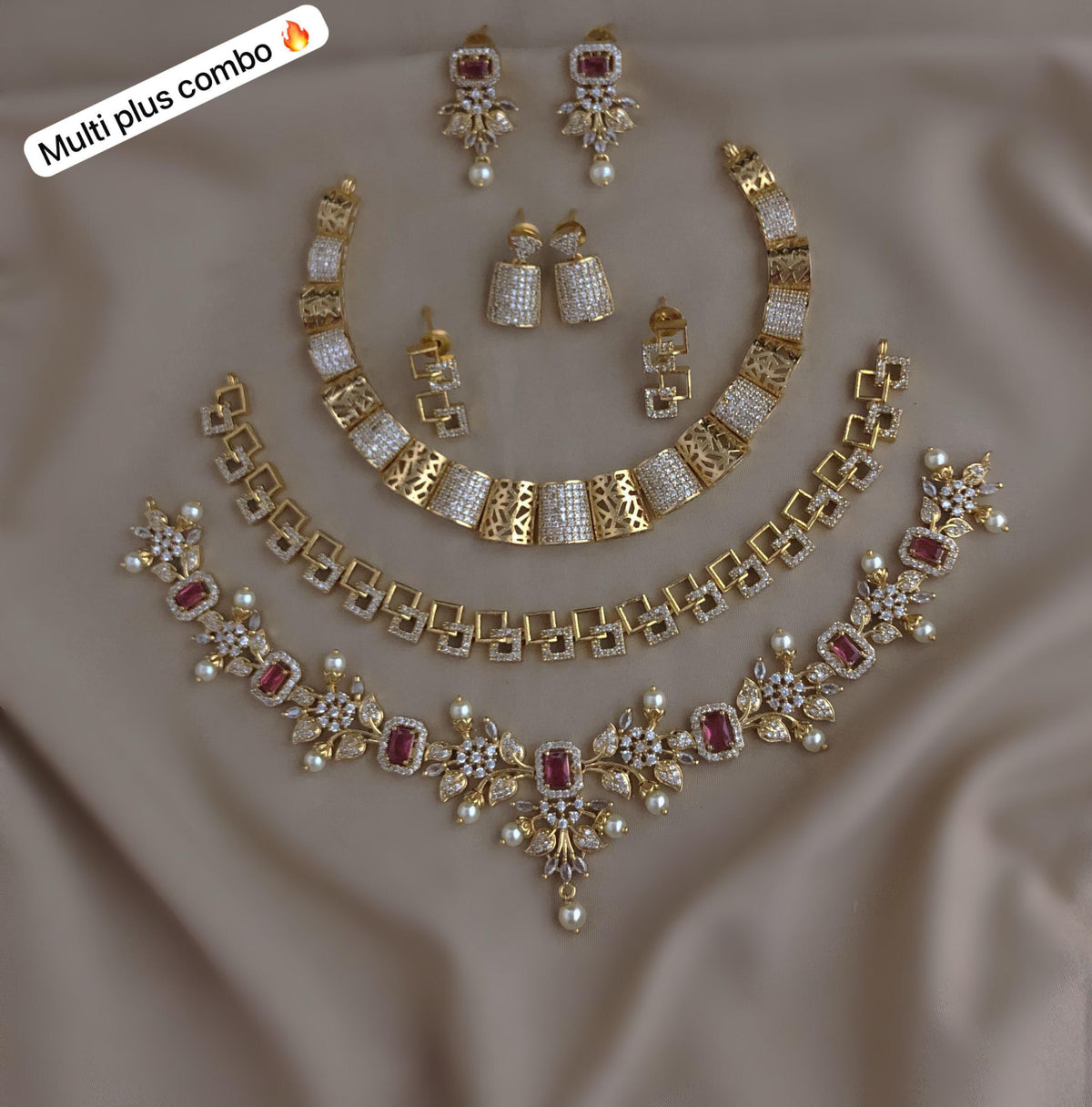 C-08: Gold Plated AD CZ 3 Statement Necklace Set Combo | Matte Finish