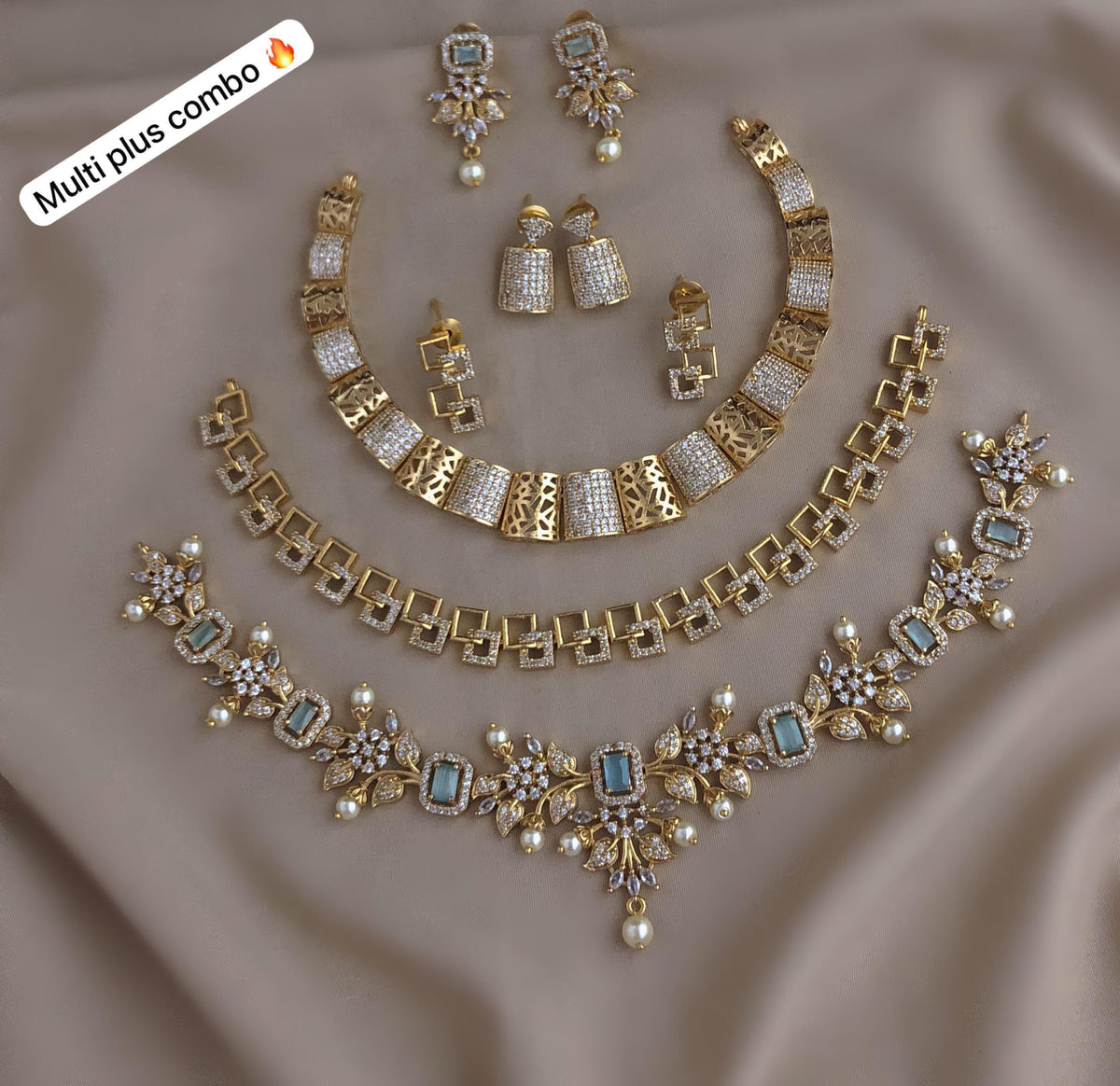 C-08: Gold Plated AD CZ 3 Statement Necklace Set Combo | Matte Finish