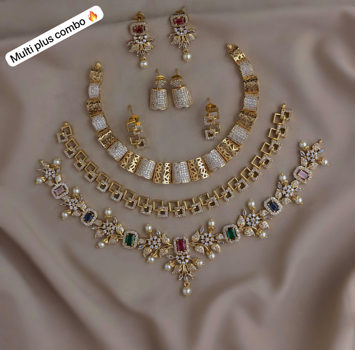 C-08: Gold Plated AD CZ 3 Statement Necklace Set Combo | Matte Finish