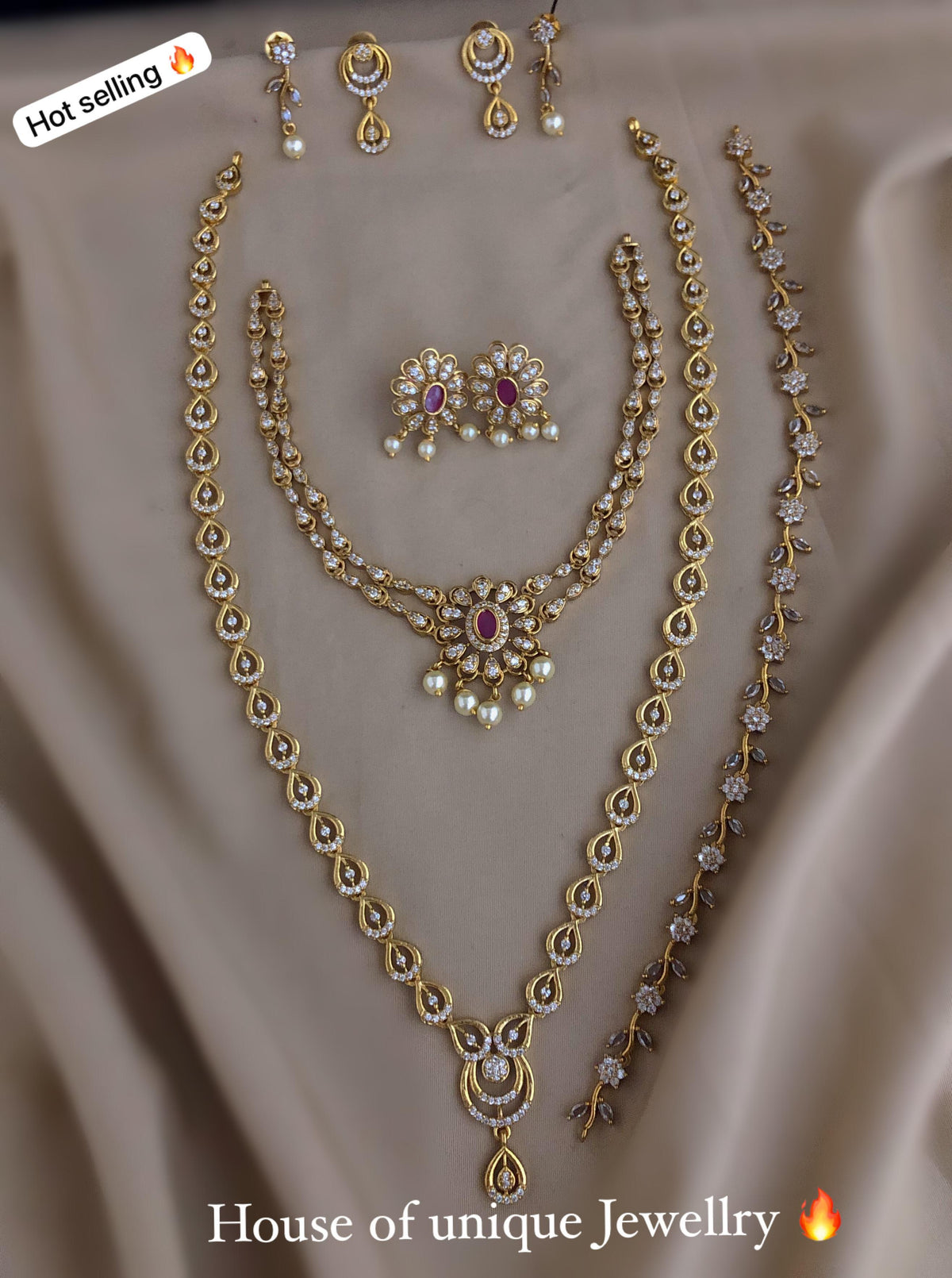 C-09: Gold Plated AD CZ 3-Piece Combo Set | Dual Layer, Sleek Necklace & Mala