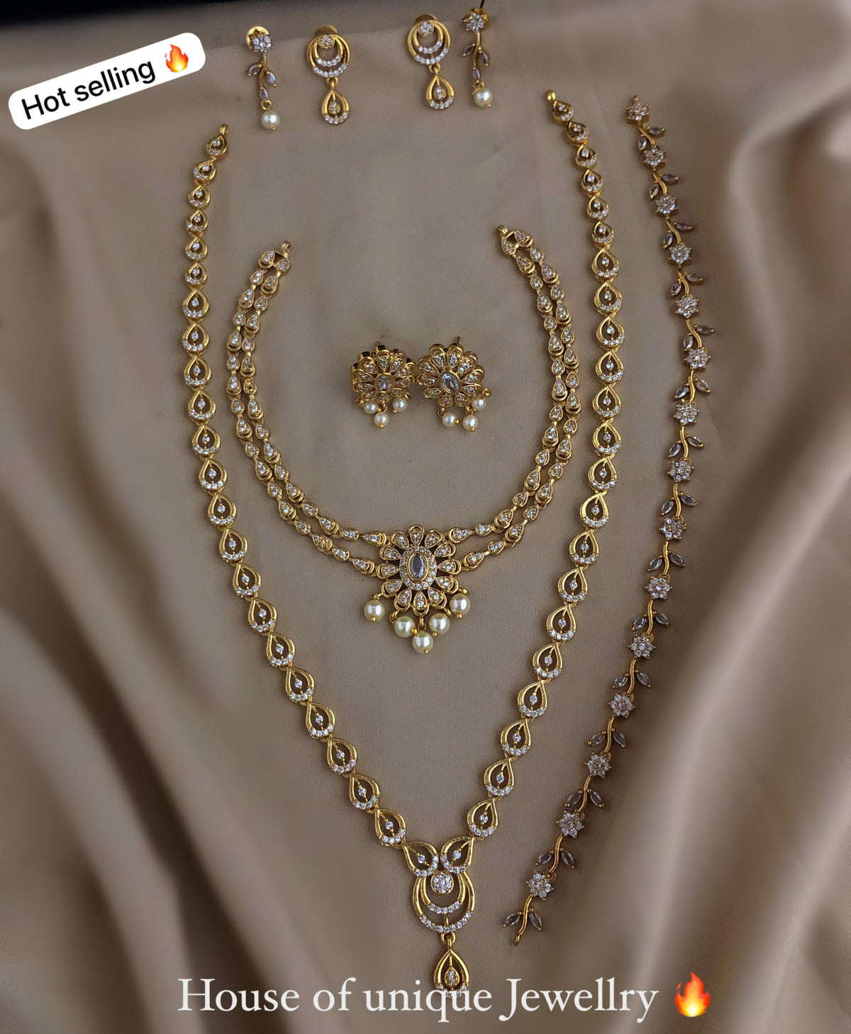 C-09: Gold Plated AD CZ 3-Piece Combo Set | Dual Layer, Sleek Necklace & Mala
