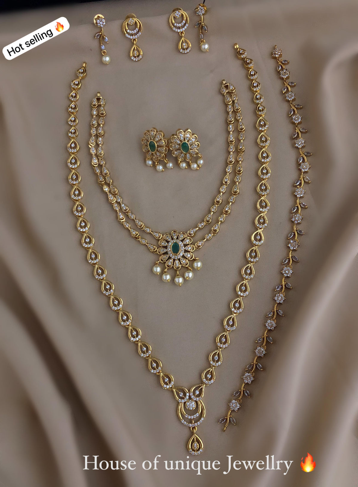 C-09: Gold Plated AD CZ 3-Piece Combo Set | Dual Layer, Sleek Necklace & Mala