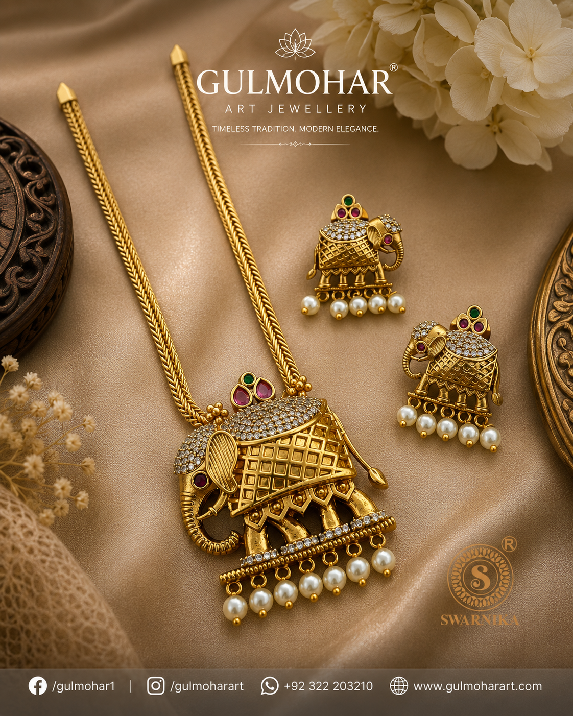 S-05: Royal Elephant Motif Gold Plated South Indian Necklace Set