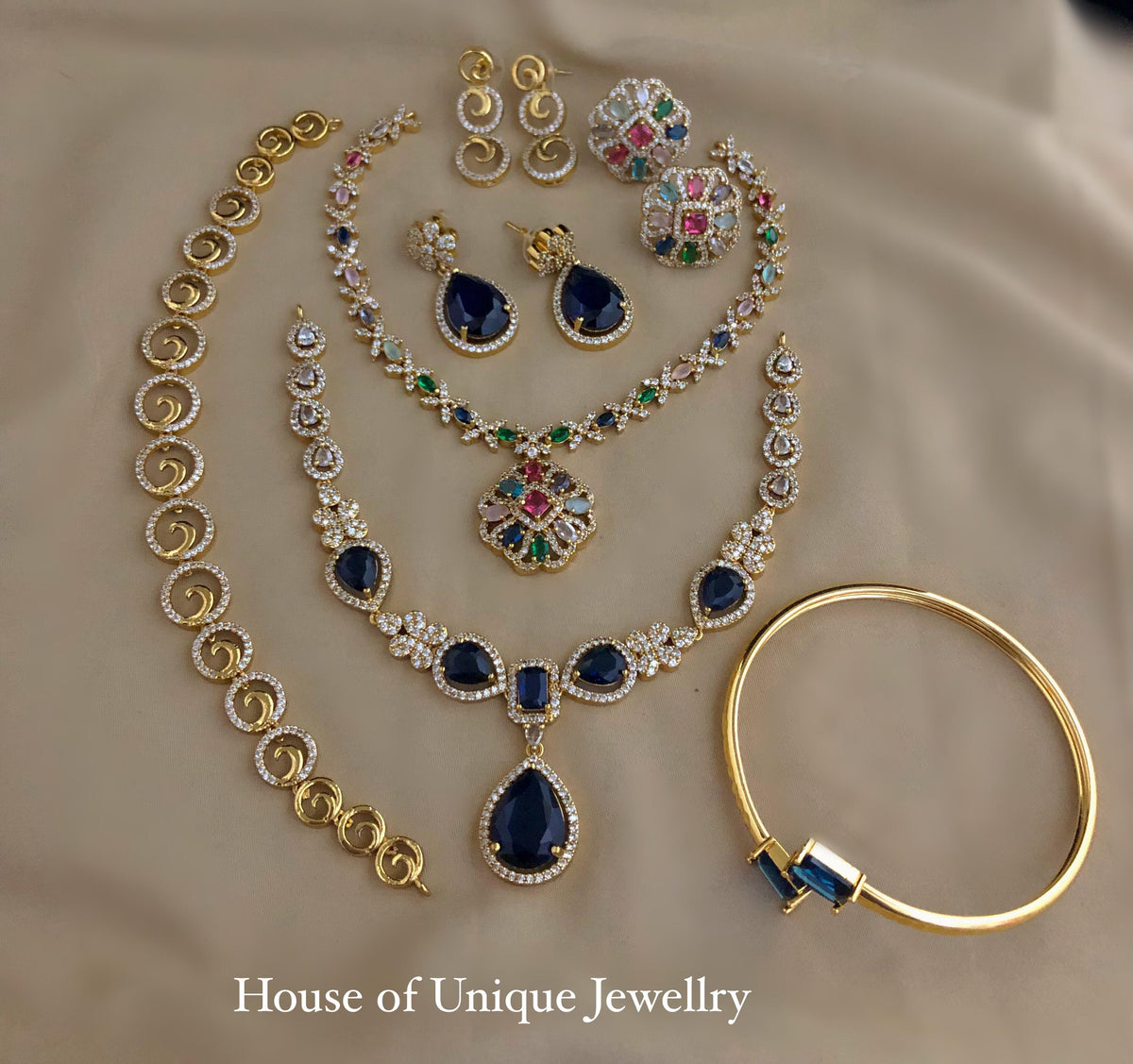 C-11 Gold Plated AD CZ 3 Necklace & Bracelet Combo | Matte Finish Jewelry