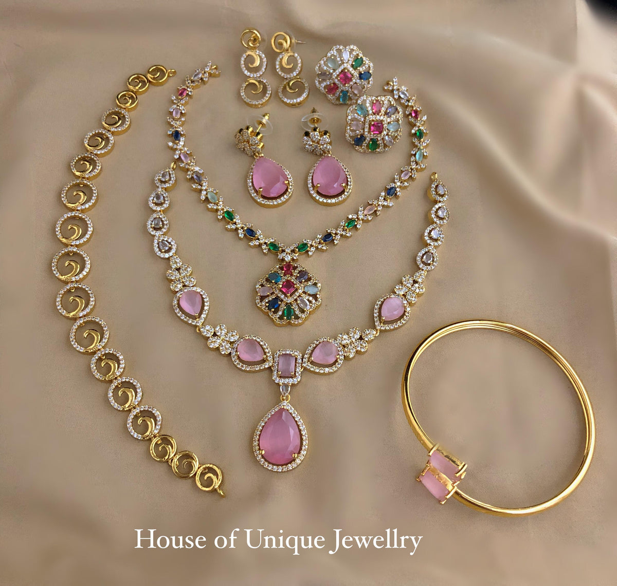 C-11 Gold Plated AD CZ 3 Necklace & Bracelet Combo | Matte Finish Jewelry