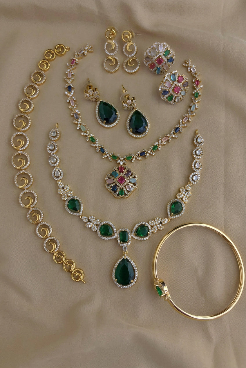 C-11 Gold Plated AD CZ 3 Necklace & Bracelet Combo | Matte Finish Jewelry